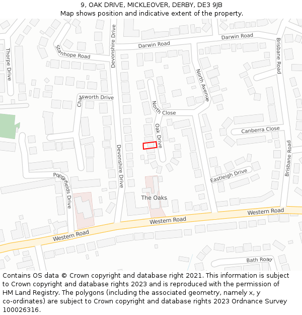 9, OAK DRIVE, MICKLEOVER, DERBY, DE3 9JB: Location map and indicative extent of plot