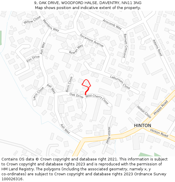 9, OAK DRIVE, WOODFORD HALSE, DAVENTRY, NN11 3NG: Location map and indicative extent of plot