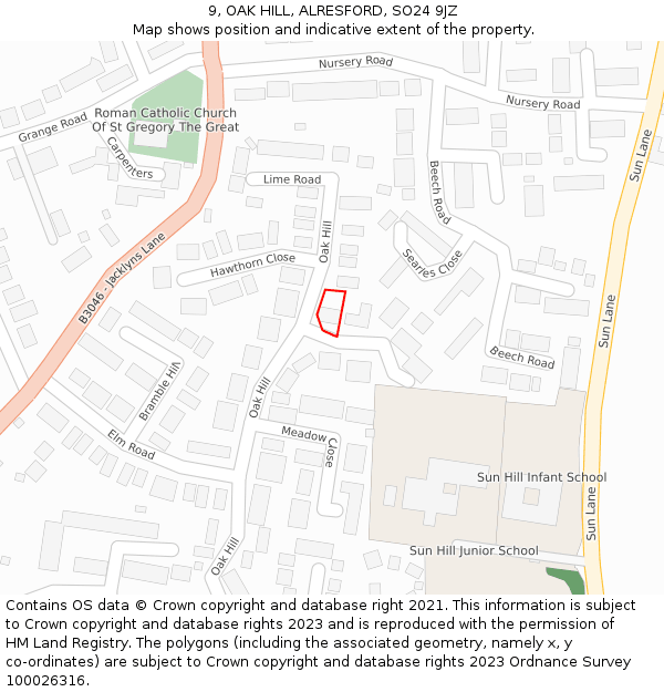 9, OAK HILL, ALRESFORD, SO24 9JZ: Location map and indicative extent of plot