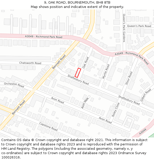 9, OAK ROAD, BOURNEMOUTH, BH8 8TB: Location map and indicative extent of plot