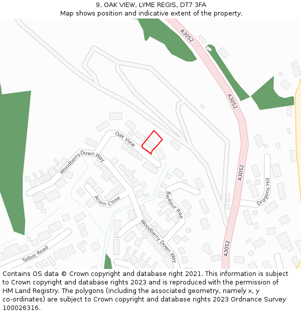 9, OAK VIEW, LYME REGIS, DT7 3FA: Location map and indicative extent of plot