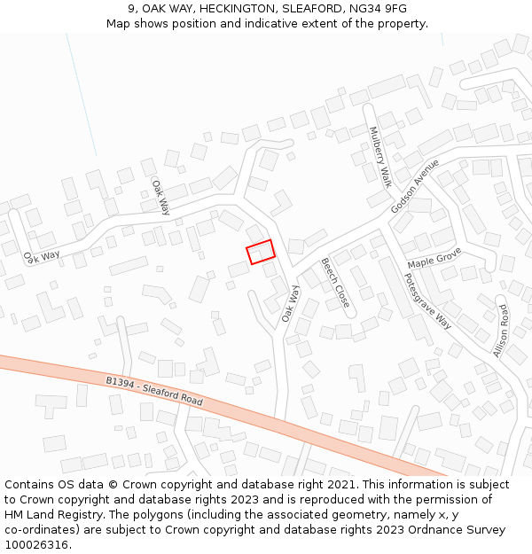 9, OAK WAY, HECKINGTON, SLEAFORD, NG34 9FG: Location map and indicative extent of plot
