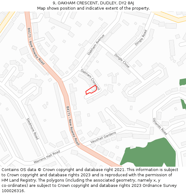 9, OAKHAM CRESCENT, DUDLEY, DY2 8AJ: Location map and indicative extent of plot