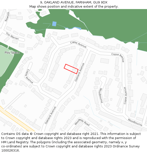 9, OAKLAND AVENUE, FARNHAM, GU9 9DX: Location map and indicative extent of plot