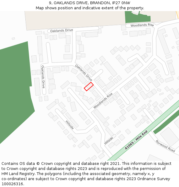 9, OAKLANDS DRIVE, BRANDON, IP27 0NW: Location map and indicative extent of plot