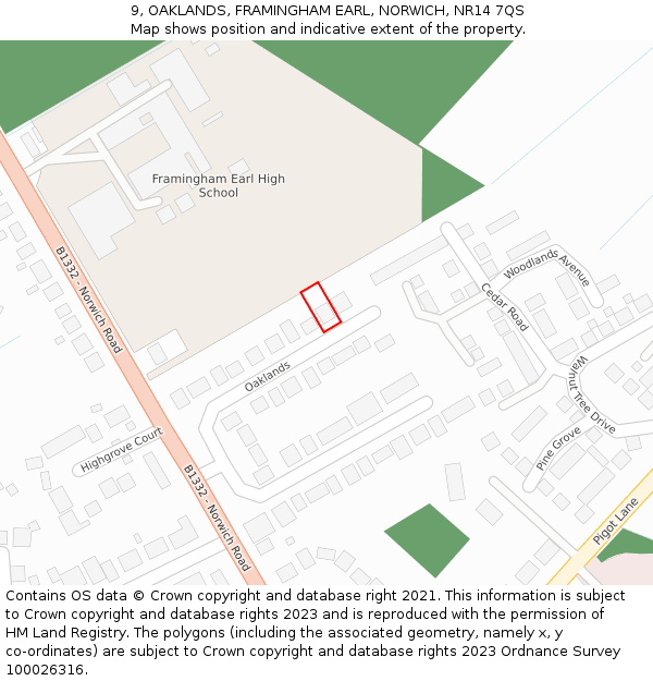 9, OAKLANDS, FRAMINGHAM EARL, NORWICH, NR14 7QS: Location map and indicative extent of plot