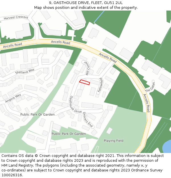 9, OASTHOUSE DRIVE, FLEET, GU51 2UL: Location map and indicative extent of plot