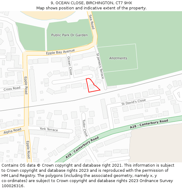 9, OCEAN CLOSE, BIRCHINGTON, CT7 9HX: Location map and indicative extent of plot