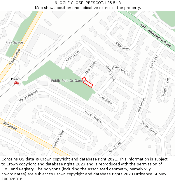 9, OGLE CLOSE, PRESCOT, L35 5HR: Location map and indicative extent of plot