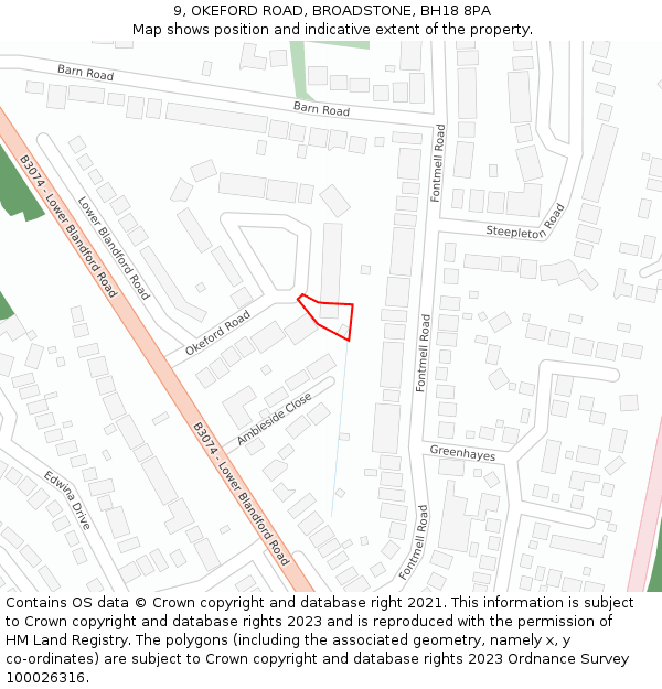 9, OKEFORD ROAD, BROADSTONE, BH18 8PA: Location map and indicative extent of plot