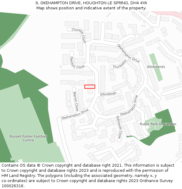 9, OKEHAMPTON DRIVE, HOUGHTON LE SPRING, DH4 4YA: Location map and indicative extent of plot