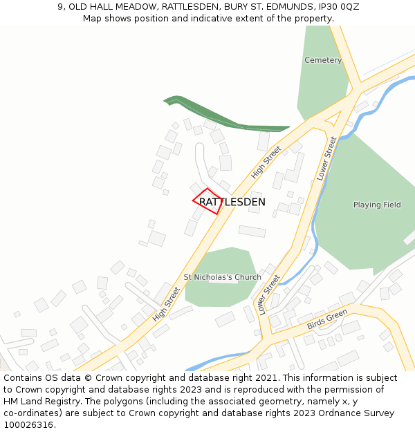 9, OLD HALL MEADOW, RATTLESDEN, BURY ST. EDMUNDS, IP30 0QZ: Location map and indicative extent of plot