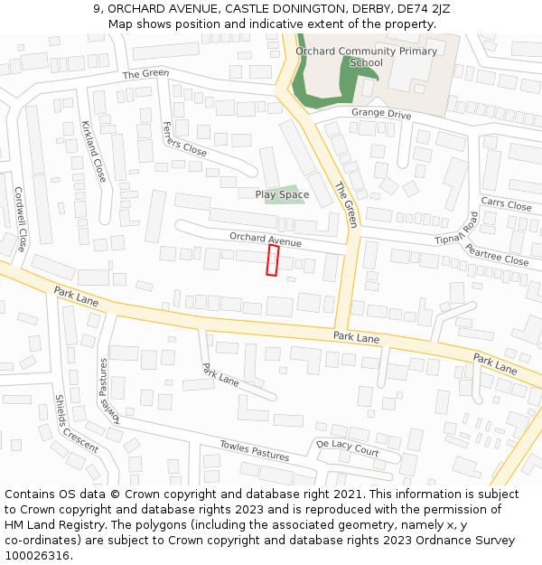 9, ORCHARD AVENUE, CASTLE DONINGTON, DERBY, DE74 2JZ: Location map and indicative extent of plot