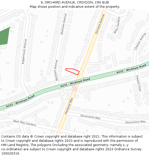 9, ORCHARD AVENUE, CROYDON, CR0 8UB: Location map and indicative extent of plot