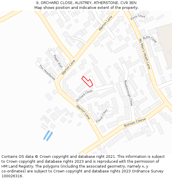 9, ORCHARD CLOSE, AUSTREY, ATHERSTONE, CV9 3EN: Location map and indicative extent of plot