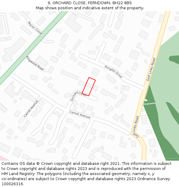 9, ORCHARD CLOSE, FERNDOWN, BH22 8BS: Location map and indicative extent of plot