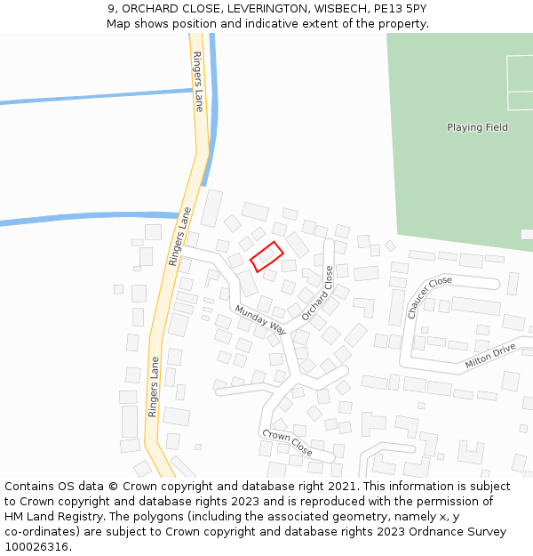 9, ORCHARD CLOSE, LEVERINGTON, WISBECH, PE13 5PY: Location map and indicative extent of plot