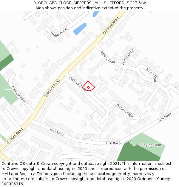 9, ORCHARD CLOSE, MEPPERSHALL, SHEFFORD, SG17 5LW: Location map and indicative extent of plot