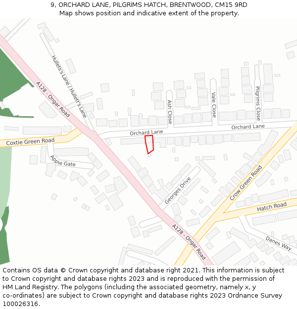 9, ORCHARD LANE, PILGRIMS HATCH, BRENTWOOD, CM15 9RD: Location map and indicative extent of plot
