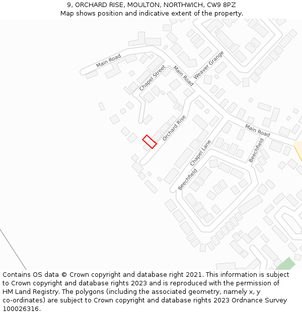 9, ORCHARD RISE, MOULTON, NORTHWICH, CW9 8PZ: Location map and indicative extent of plot