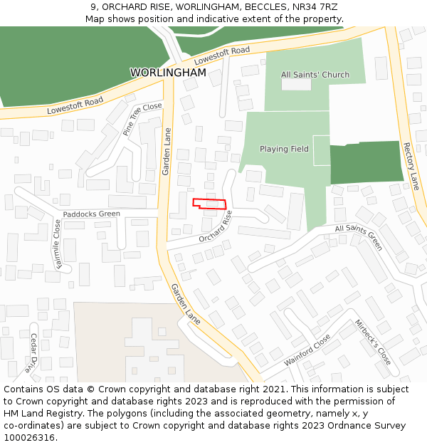 9, ORCHARD RISE, WORLINGHAM, BECCLES, NR34 7RZ: Location map and indicative extent of plot