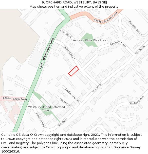 9, ORCHARD ROAD, WESTBURY, BA13 3EJ: Location map and indicative extent of plot