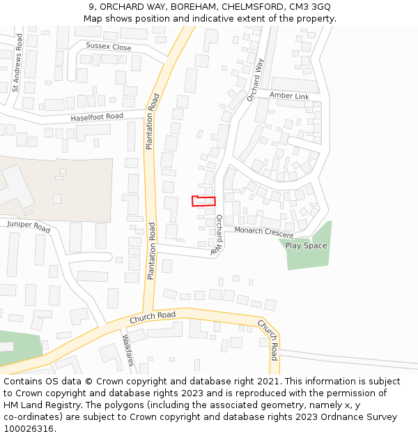 9, ORCHARD WAY, BOREHAM, CHELMSFORD, CM3 3GQ: Location map and indicative extent of plot