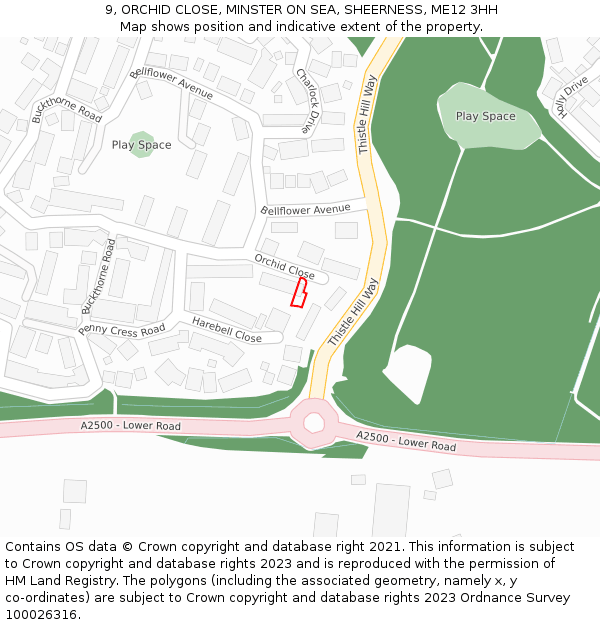 9, ORCHID CLOSE, MINSTER ON SEA, SHEERNESS, ME12 3HH: Location map and indicative extent of plot