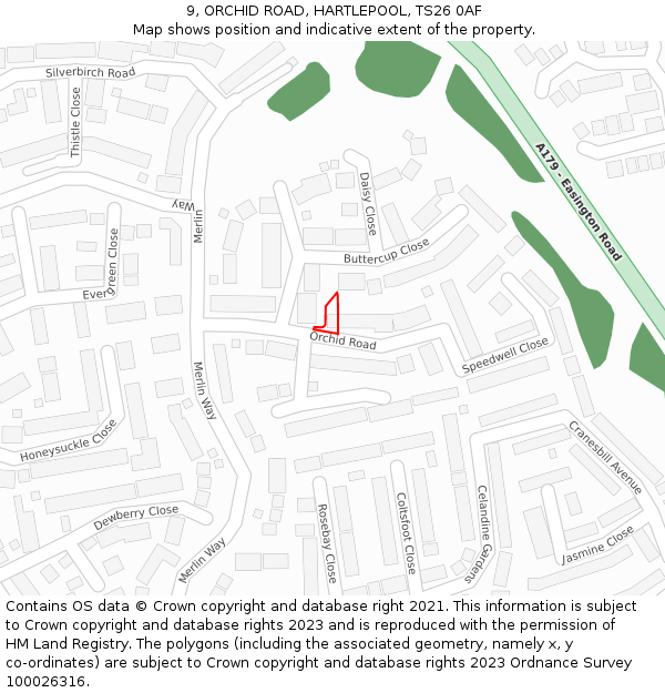 9, ORCHID ROAD, HARTLEPOOL, TS26 0AF: Location map and indicative extent of plot