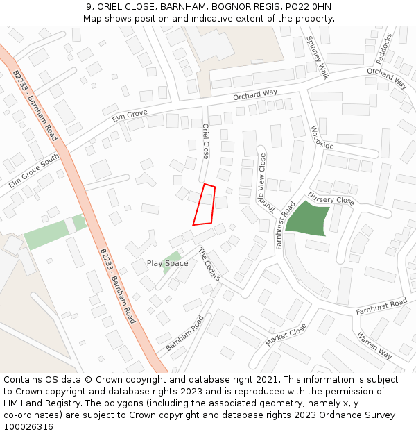 9, ORIEL CLOSE, BARNHAM, BOGNOR REGIS, PO22 0HN: Location map and indicative extent of plot