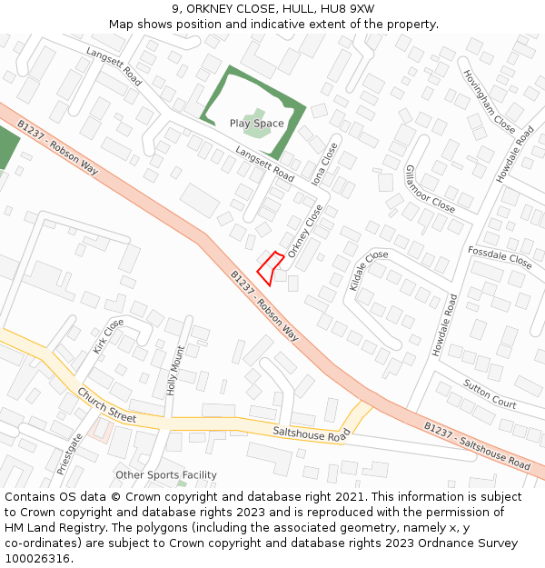 9, ORKNEY CLOSE, HULL, HU8 9XW: Location map and indicative extent of plot