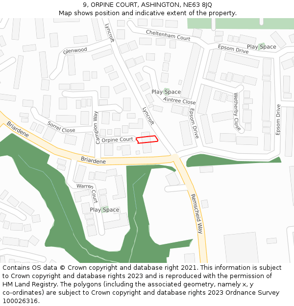 9, ORPINE COURT, ASHINGTON, NE63 8JQ: Location map and indicative extent of plot