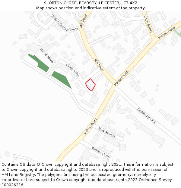 9, ORTON CLOSE, REARSBY, LEICESTER, LE7 4XZ: Location map and indicative extent of plot