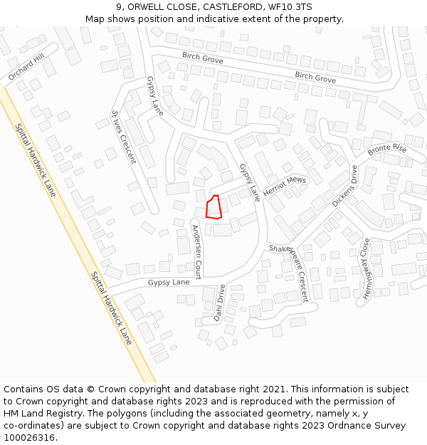 9, ORWELL CLOSE, CASTLEFORD, WF10 3TS: Location map and indicative extent of plot