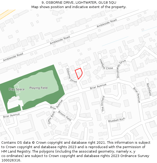 9, OSBORNE DRIVE, LIGHTWATER, GU18 5QU: Location map and indicative extent of plot