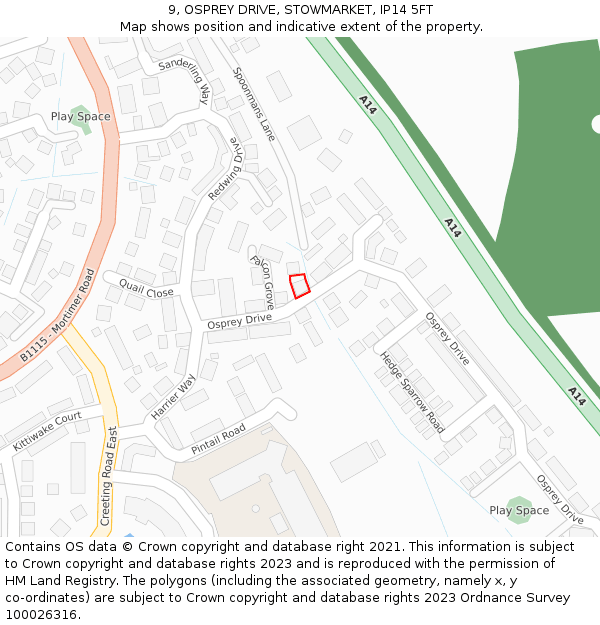 9, OSPREY DRIVE, STOWMARKET, IP14 5FT: Location map and indicative extent of plot