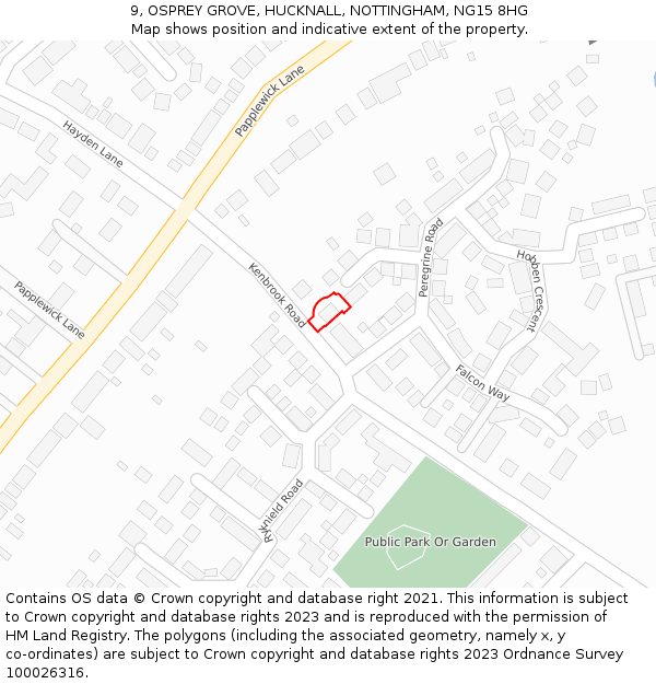 9, OSPREY GROVE, HUCKNALL, NOTTINGHAM, NG15 8HG: Location map and indicative extent of plot