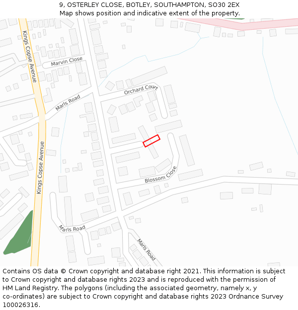 9, OSTERLEY CLOSE, BOTLEY, SOUTHAMPTON, SO30 2EX: Location map and indicative extent of plot