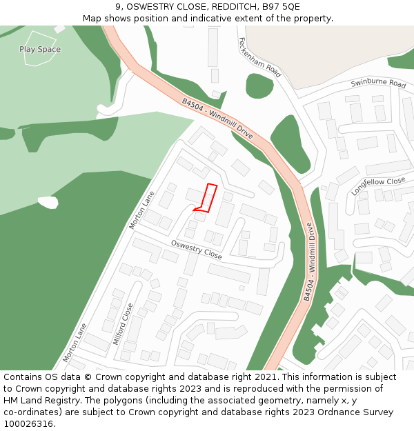 9, OSWESTRY CLOSE, REDDITCH, B97 5QE: Location map and indicative extent of plot