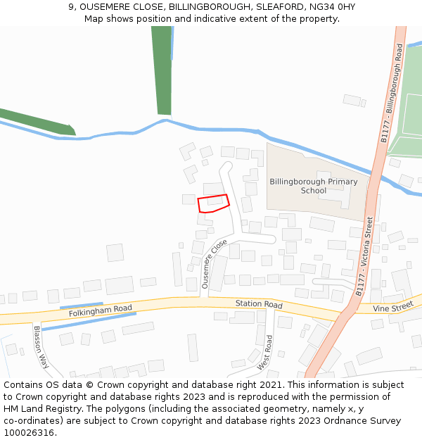 9, OUSEMERE CLOSE, BILLINGBOROUGH, SLEAFORD, NG34 0HY: Location map and indicative extent of plot