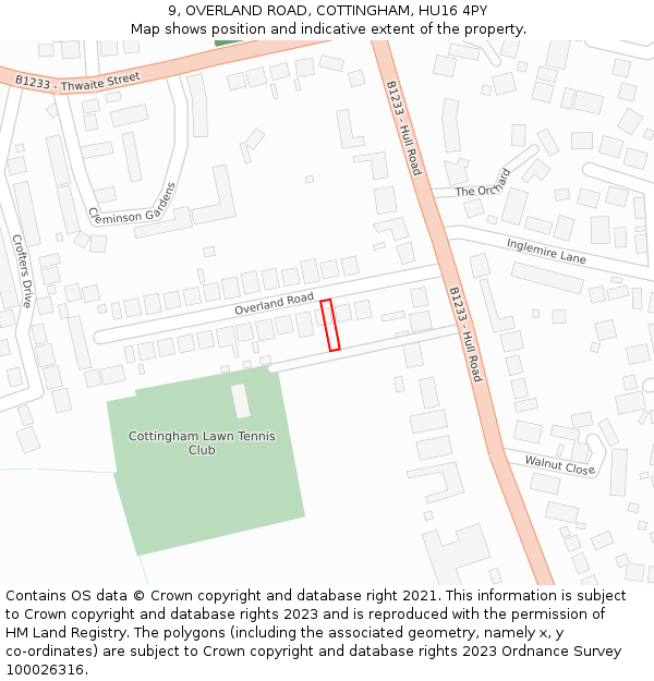 9, OVERLAND ROAD, COTTINGHAM, HU16 4PY: Location map and indicative extent of plot