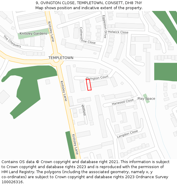 9, OVINGTON CLOSE, TEMPLETOWN, CONSETT, DH8 7NY: Location map and indicative extent of plot