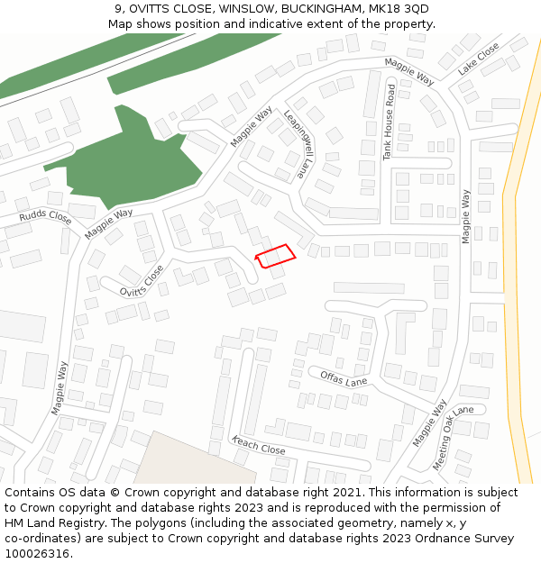 9, OVITTS CLOSE, WINSLOW, BUCKINGHAM, MK18 3QD: Location map and indicative extent of plot