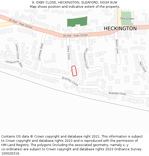 9, OXBY CLOSE, HECKINGTON, SLEAFORD, NG34 9UW: Location map and indicative extent of plot