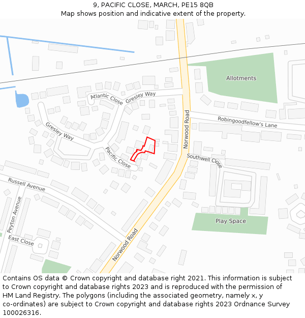 9, PACIFIC CLOSE, MARCH, PE15 8QB: Location map and indicative extent of plot