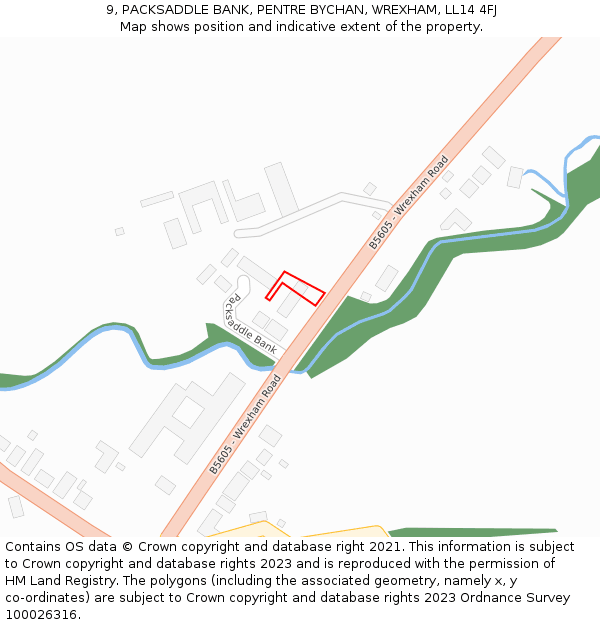 9, PACKSADDLE BANK, PENTRE BYCHAN, WREXHAM, LL14 4FJ: Location map and indicative extent of plot