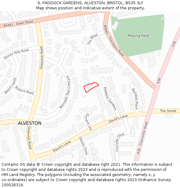 9, PADDOCK GARDENS, ALVESTON, BRISTOL, BS35 3LF: Location map and indicative extent of plot