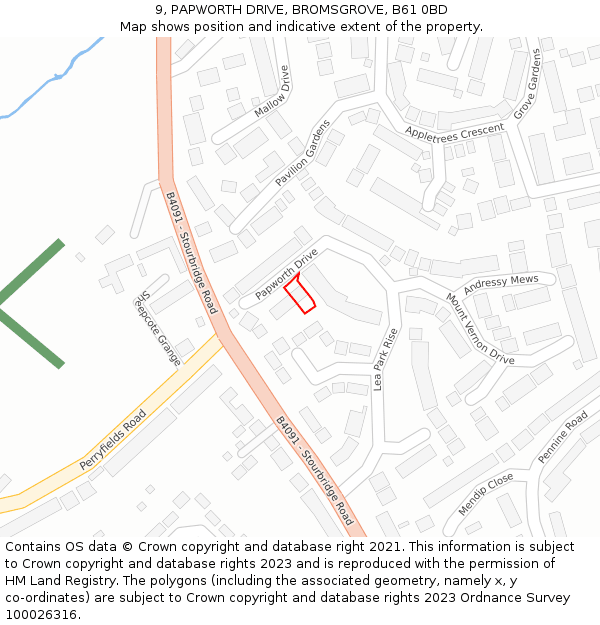 9, PAPWORTH DRIVE, BROMSGROVE, B61 0BD: Location map and indicative extent of plot