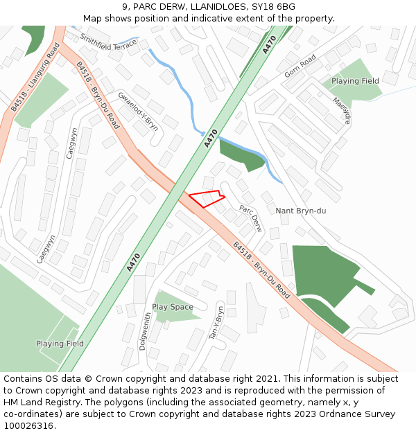 9, PARC DERW, LLANIDLOES, SY18 6BG: Location map and indicative extent of plot