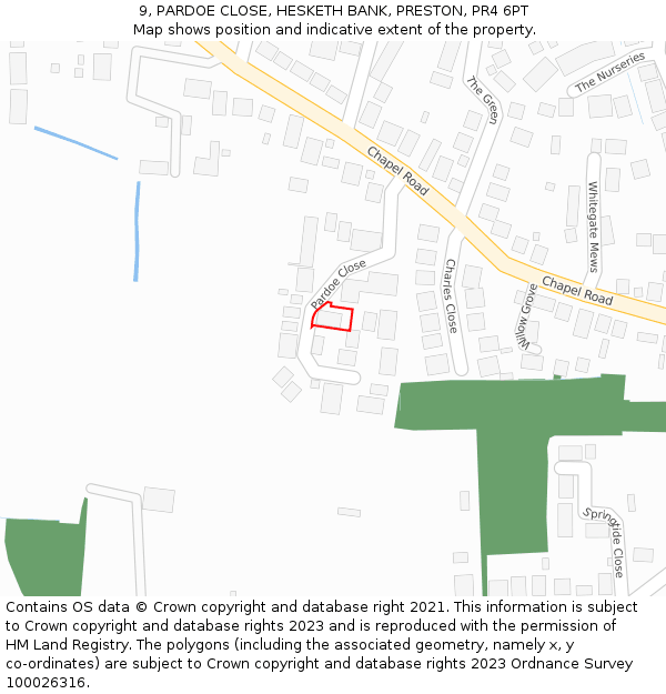 9, PARDOE CLOSE, HESKETH BANK, PRESTON, PR4 6PT: Location map and indicative extent of plot